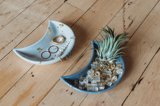 Handmade Moon Concrete Trinket Dish: Gold Foil Lunar Jewelry Coaster