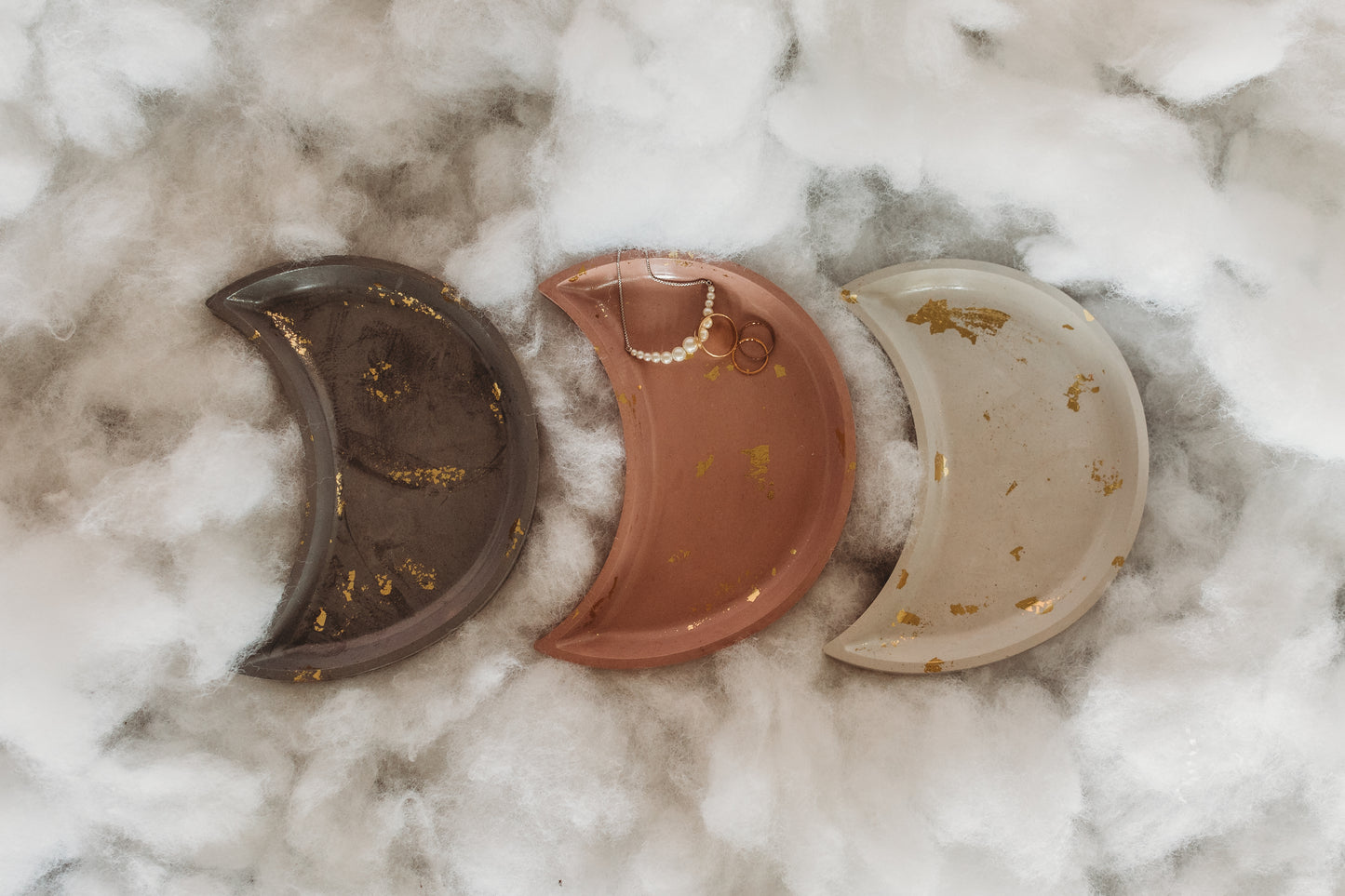 Handmade Moon Concrete Trinket Dish: Gold Foil Lunar Jewelry Coaster