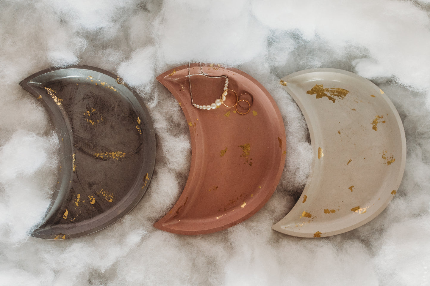 Handmade Moon Concrete Trinket Dish: Gold Foil Lunar Jewelry Coaster