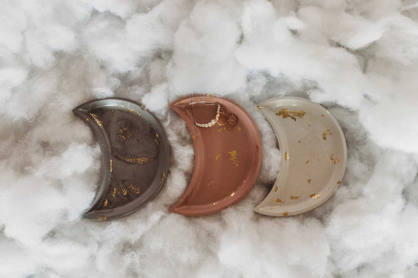 Handmade Moon Concrete Trinket Dish: Gold Foil Lunar Jewelry Coaster