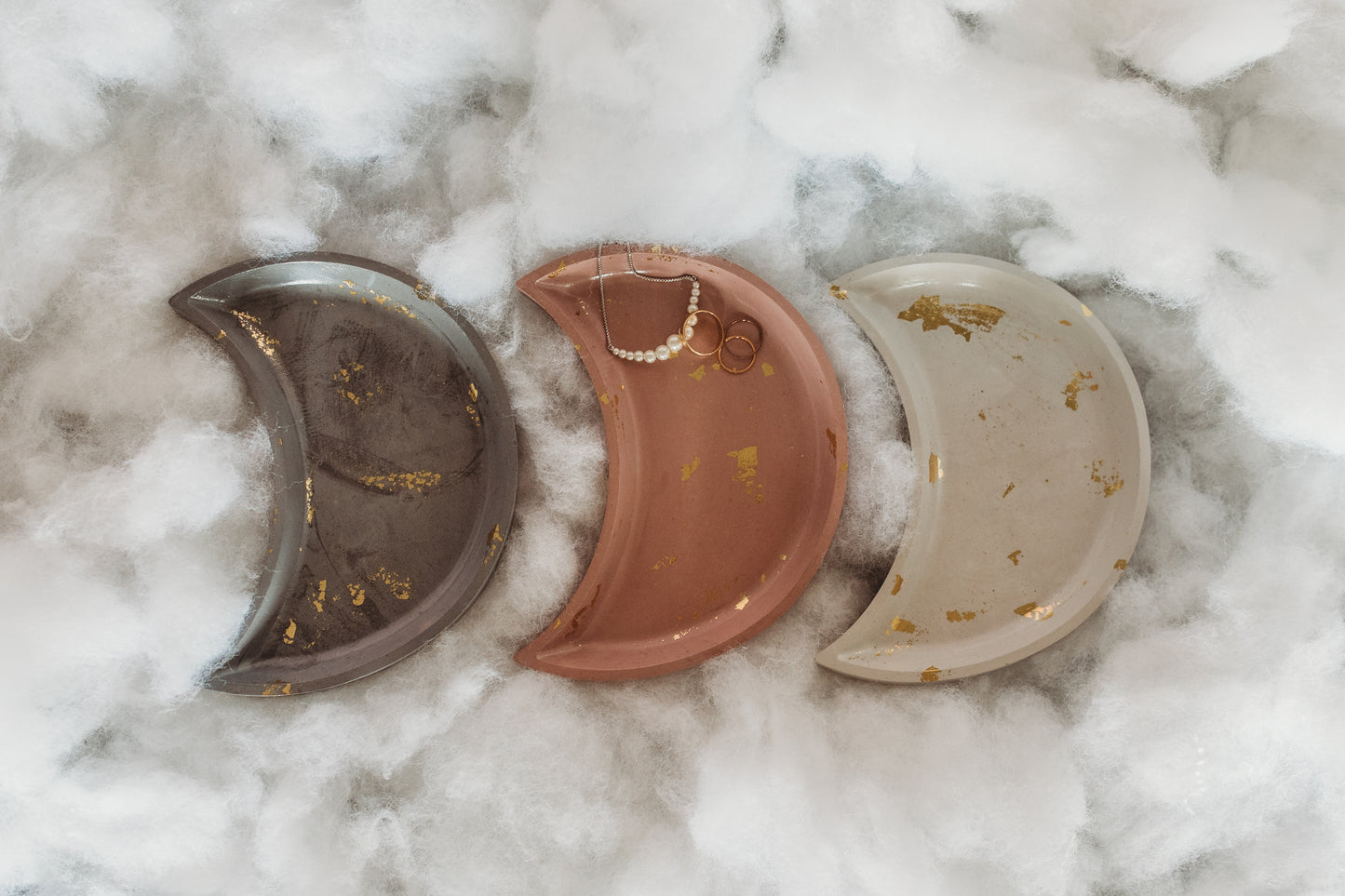 Handmade Moon Concrete Trinket Dish: Gold Foil Lunar Jewelry Coaster